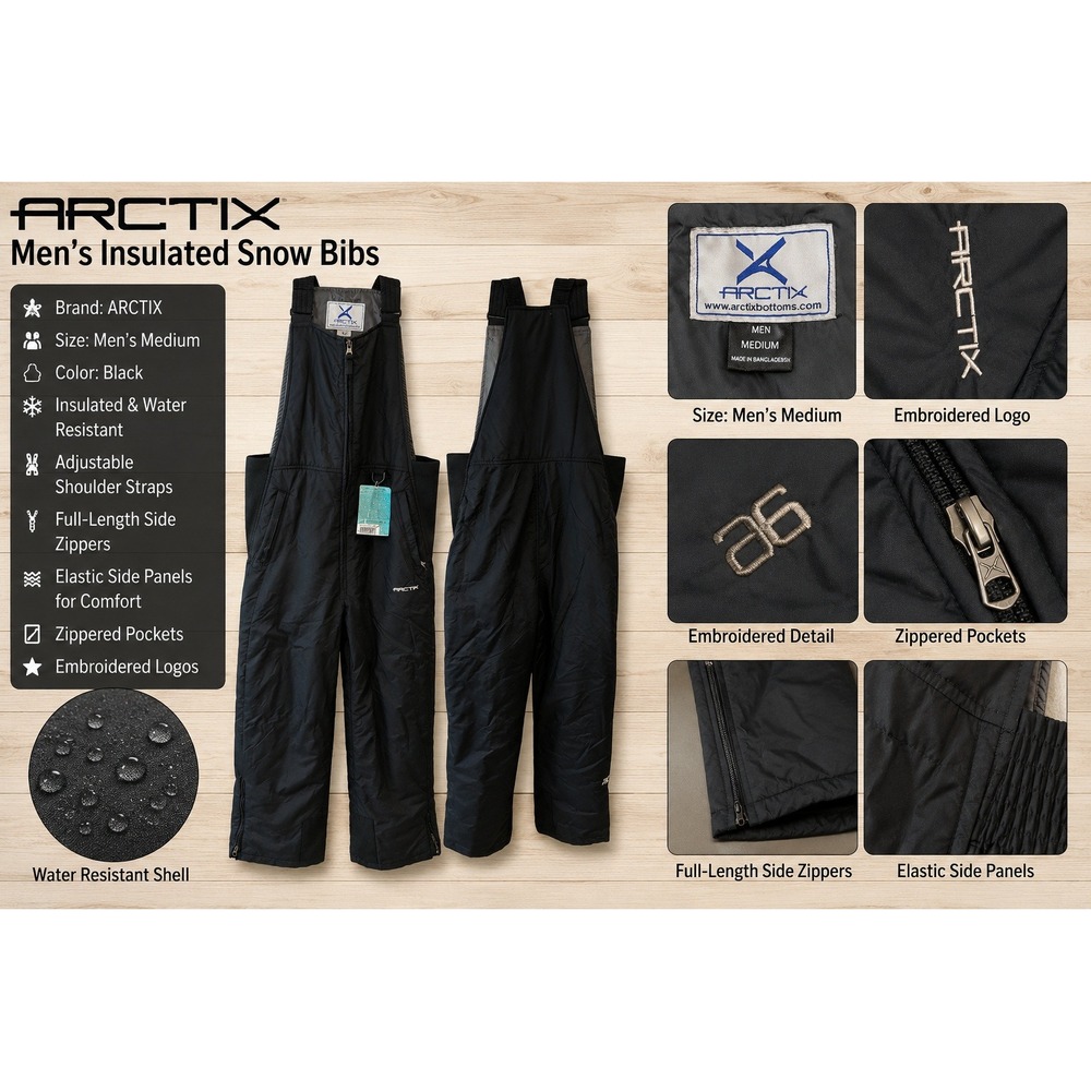 Arctix Mens Essential Insulated Bib Overalls Black Snow Ski Pants Medium
